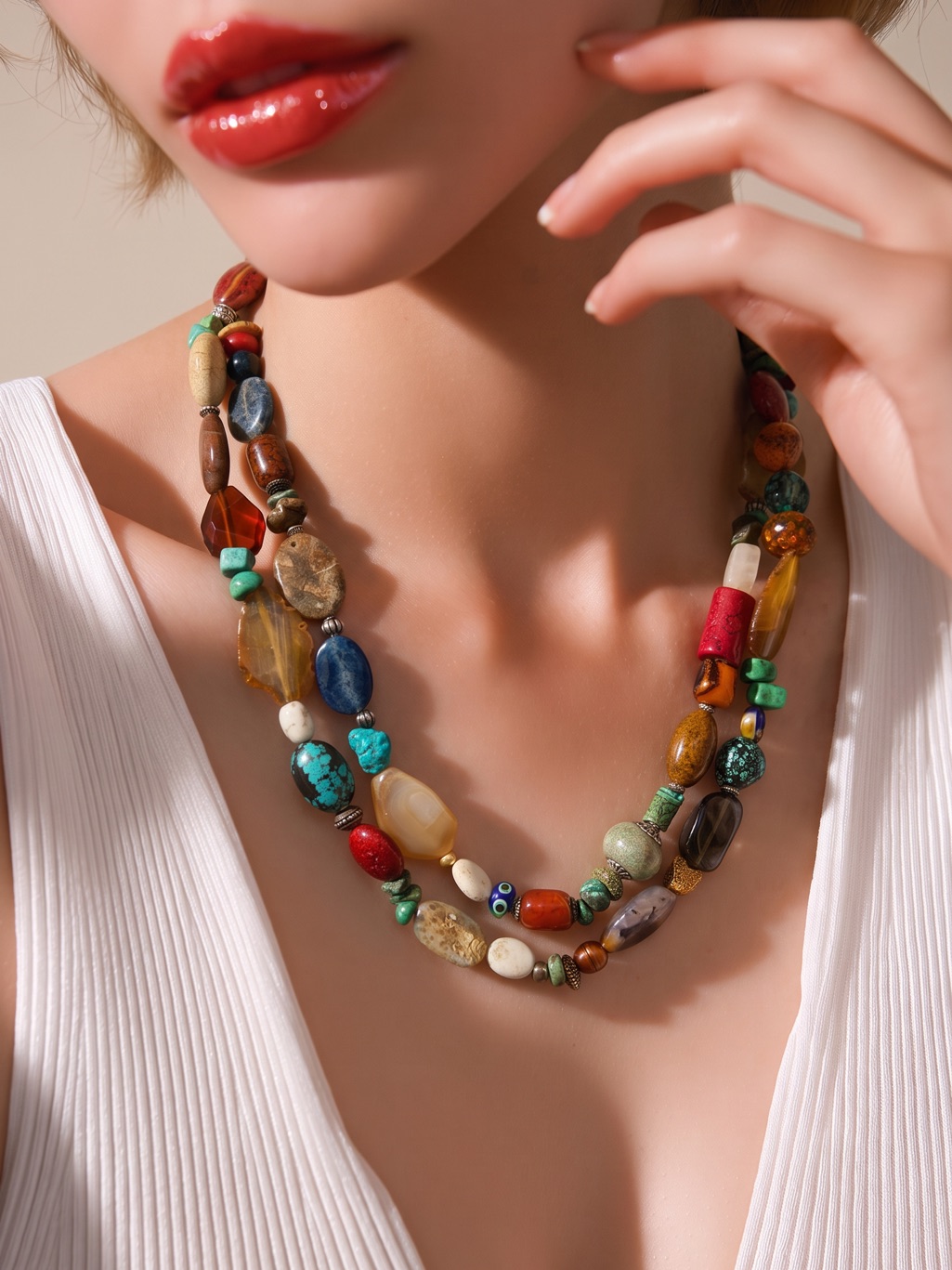 Bohemian Multi-Stone Beaded Necklace - Colorful Gemstone Statement